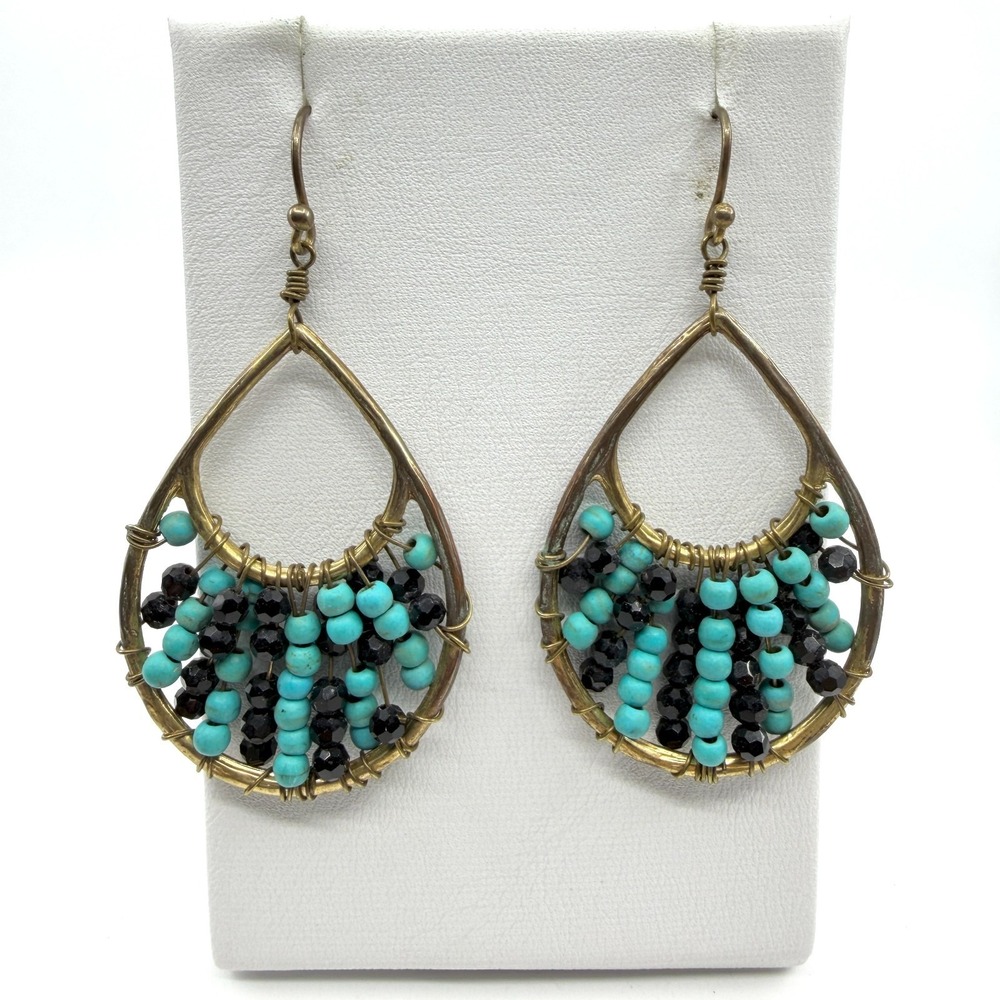 Y2K Boho Teardrop Earrings with Turquoise & Black Beads - Great Gift!